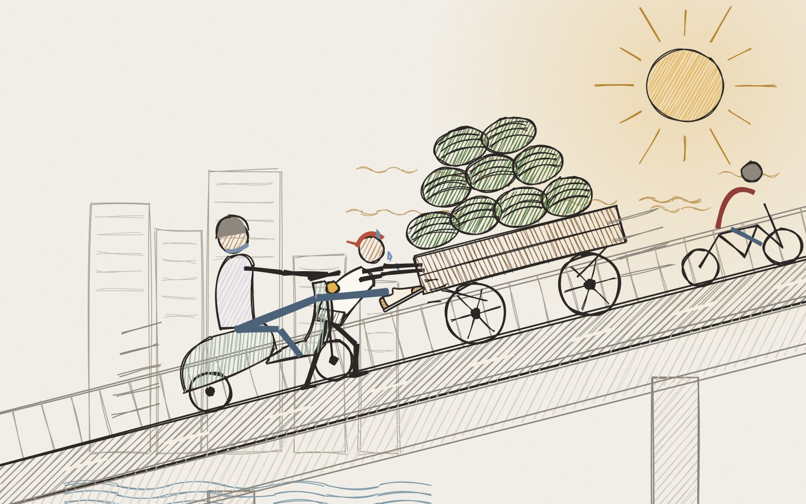 Pencil sketch: a young man on a scooter pushes a watermelon cart up a steep flyover with his foot while an old vendor steers, under a blazing sun.