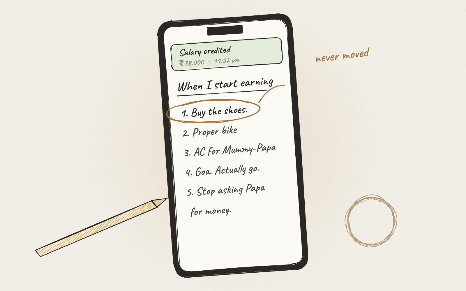 Sketch of a phone showing a salary-credited notification and a handwritten list titled When I start earning, with item one, Buy the shoes, circled.