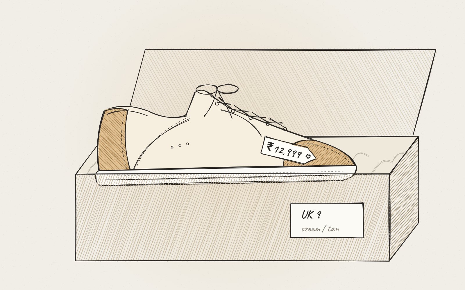 Sketch of a cream and tan leather sneaker resting in an open shoebox, with a price tag reading ₹12,999 and a label reading UK 9.