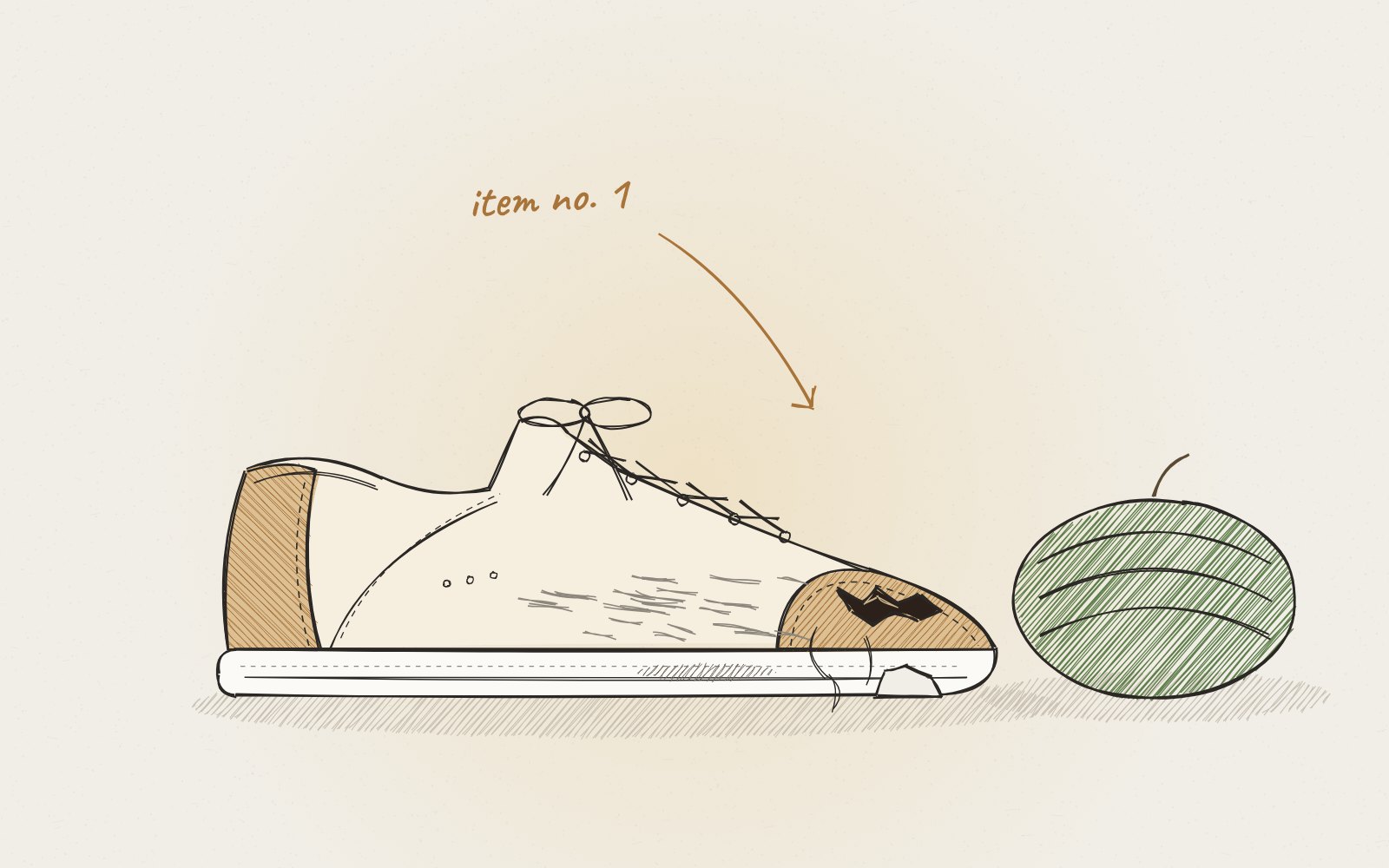 Sketch of the sneaker after the push: a jagged tear in the suede toe, grey scrapes along the side, loose threads and a chunk missing from the sole, beside a large watermelon.