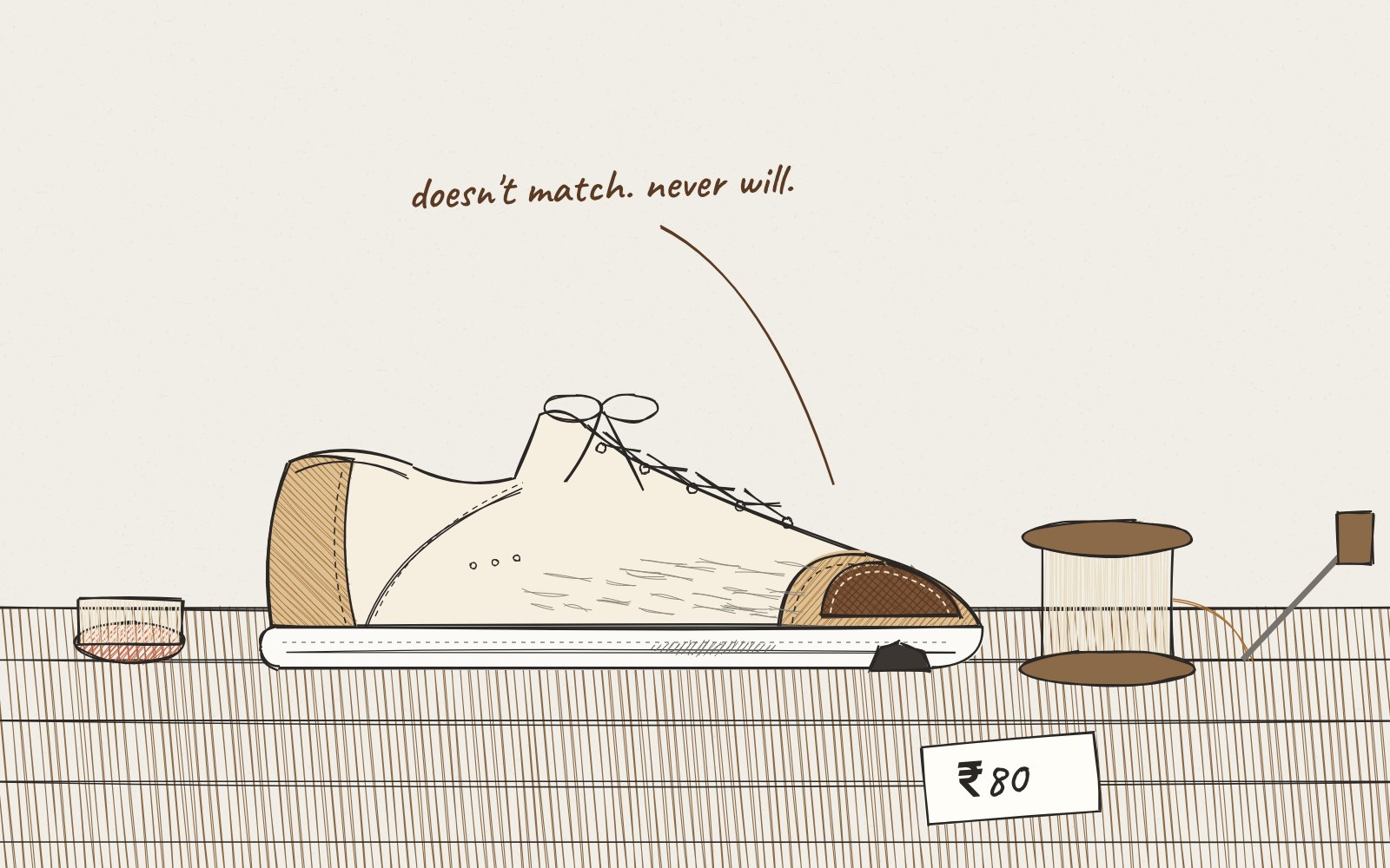 Sketch of the sneaker on a cobbler's wooden counter with a dark brown leather patch stitched over the toe, a spool of thread, an awl, and a paper chit reading ₹80.